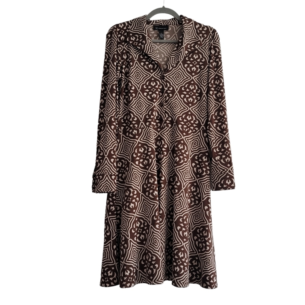 INC Size Medium Retro Floral Medallion Brown Long Sleeve Chunky Button Dress